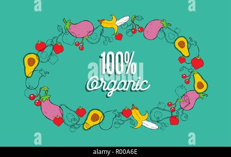 100% Organic hand drawn food concept illustration for healthy diet with colorful doodle cartoon vegetables and fruits background. Stock Vector