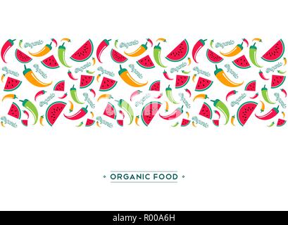 Organic food menu design illustration for healthy diet with colorful hand drawn doodles cartoon pattern of summertime watermelon fruit and pepper vege Stock Vector
