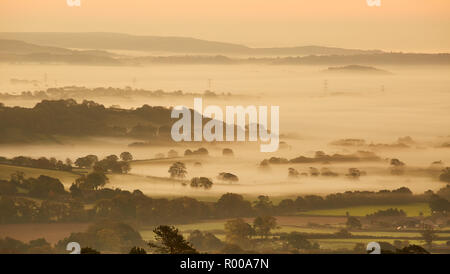 Looking down from the top of Pilsdon Pen hill in Dorset at farming land, green fields and mist at sunrise Stock Photo