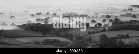 Looking down from the top of Pilsdon Pen hill in Dorset at farming land, green fields and mist at sunrise Stock Photo