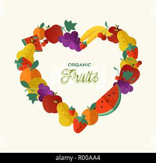 Organic fruit illustration love heart menu design for nutrition and healthy food diet background. Includes apple, banana, watermelon, orange. Stock Vector