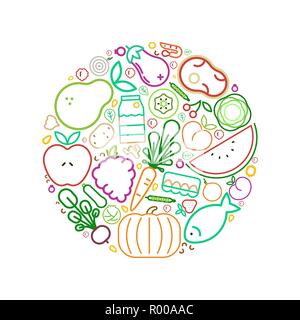 Food icons circle illustration for healthy eating or balanced nutrition concept. Includes fruit, vegetables, meat and dairy. Stock Vector