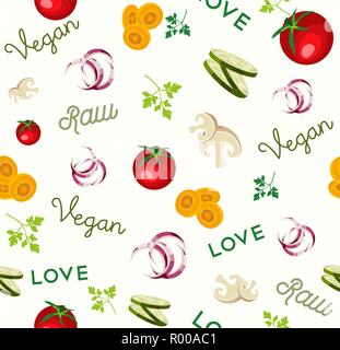 Vegan Raw food seamless pattern for nutrition and healthy diet with colorful flat vegetable icons. Stock Vector