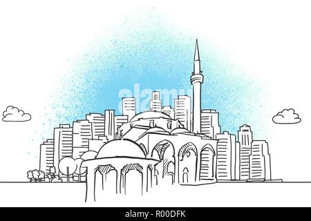 City skyline with historic mosque. Hand drawn vector illustration. Stock Vector