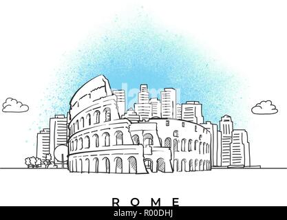 City skyline with Coliseum in Rome. Hand drawn vector illustration. Stock Vector