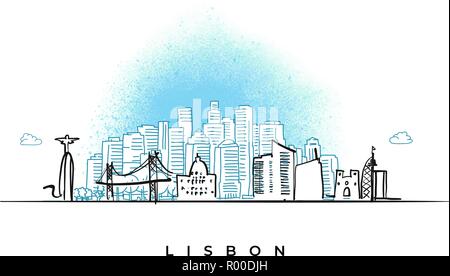 City skyline of Lisbon, Portugal. Hand drawn vector illustration. Stock Vector