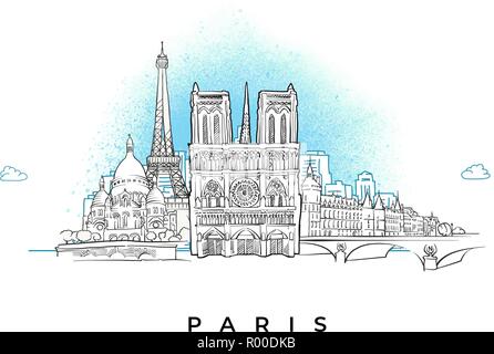 City skyline of Paris, France. Hand drawn vector illustration. Stock Vector