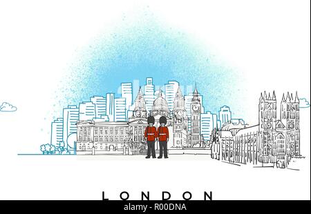 City skyline of London, UK. Hand drawn vector illustration. Stock Vector