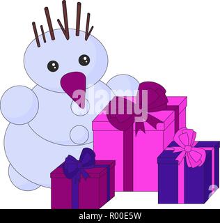 Snowman and gifts on white background. Christmas holiday. Winter holiday cartoon cute card, Merry christmas card. Stock Vector