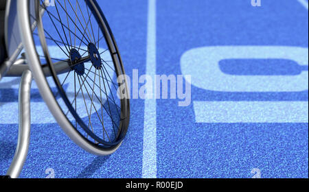 An empty modified wheelchair used by handicapped athletes to compete in various sporting codes on a blue marked athletics track background - 3D render Stock Photo