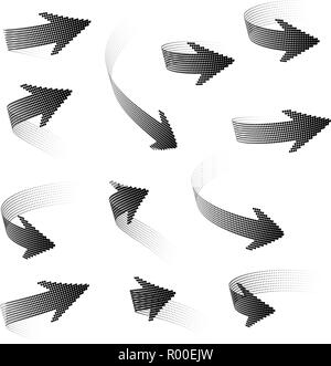 Set of 3D arrows halfton, distorted in space. Elements for design. Stock Vector