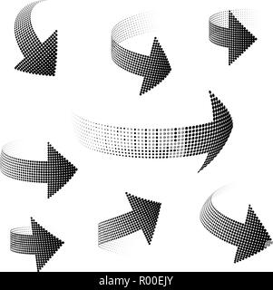 Set of 3D arrows halfton, distorted in space. Elements for design. Stock Vector
