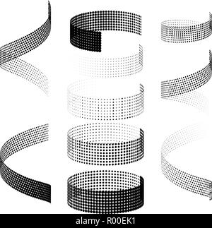 Set of 3D ribbons halftones, distorted in space. Vector stripes of dots. Stock Vector