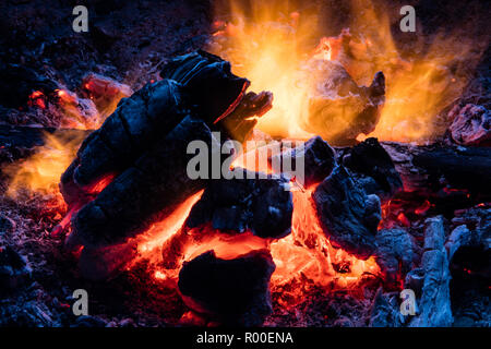 A small camp fire provides plenty of heat on a chilly evening in the mountains. Stock Photo