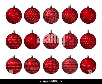 Christmas Holiday red decorated Balls with golden metallic patterns isolated on white background. Set with simple abstract ornaments vector illustrati Stock Vector