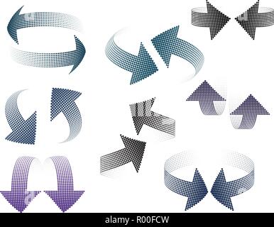 Set of 3D pairs of arrows halfton, distorted in space. Elements for design. Stock Vector