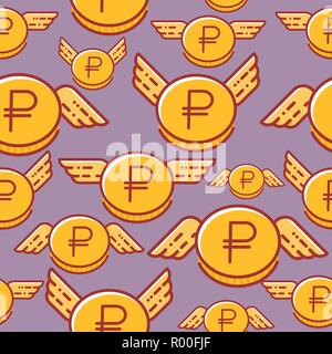 Ruble coins with wings, seamless vector pattern, russian currency Stock Vector