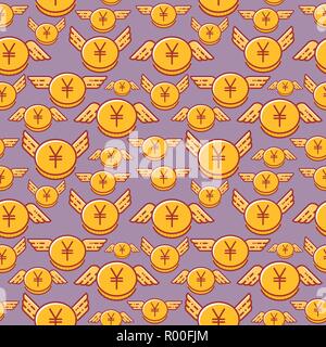 Yen coins with wings, seamless vector pattern, japanese currency Stock Vector