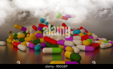 3D rendering multicolored medical pills falling from a thundercloud Stock Photo