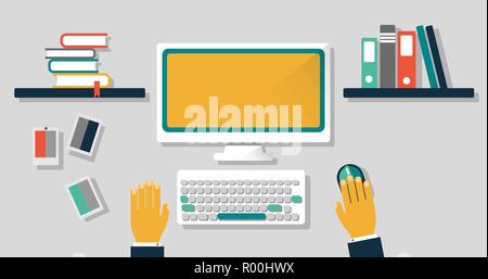 Sketch of the workplace with a computer, keyboard, mouse, with shelves and books. Stock Vector