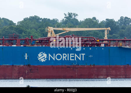 PERTH AMBOY, NEW JERSEY - August 7, 2017: The Nord Organiser Oil Tanker navigates the Arthur Kill