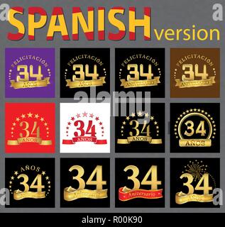 Set of number thirty-four (34 years) celebration design. Anniversary golden number template elements for your birthday party. Translated from the Span Stock Vector