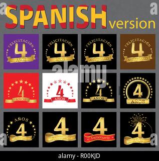 Set of number four (4 years) celebration design. Anniversary golden number template elements for your birthday party. Translated from the Spanish - co Stock Vector