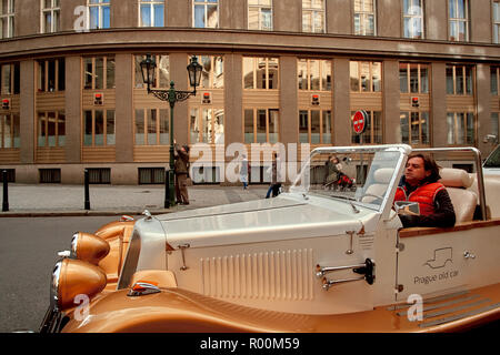 Prague, Czech Republic, September 15, 2017: old vitage touristic retro car on the street in Prague used for tourist excursions at the center of old Pr Stock Photo
