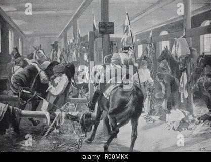 Digital improved reproduction, alarm exercise at the military, in the horse stall, original print from the year 1899 Stock Photo