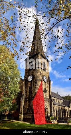 The Falling Poppies display at St. Bartholomew’s Church in Ripponden. Stock Photo