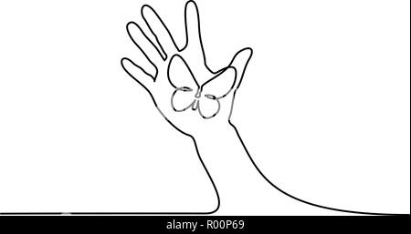 Continuous one line drawing. Abstract hand holding butterfly. Vector illustration Stock Vector