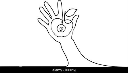 Continuous one line drawing. Abstract hand holding apple. Vector illustration Stock Vector