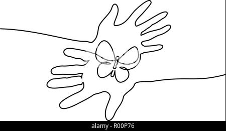Continuous one line drawing. Abstract hands holding butterfly. Vector illustration Stock Vector