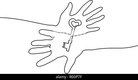 Continuous one line drawing. Abstract hands holding key. Vector illustration Stock Vector