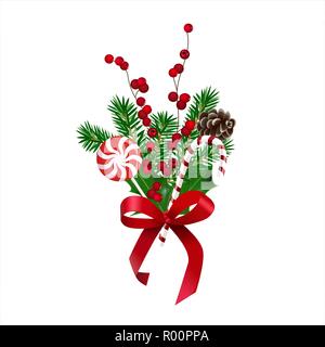 Holiday's Background with season wishes and Realistic Christmas Tree Branches and holly berry decorated with berries, Candy Cane, cone, red ribbon wit Stock Vector