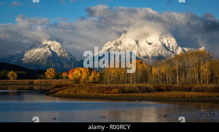 Mount Moran and the Teton Range from Oxbow Bend on the Snake River in Grand Teton National Park, Wyoming.