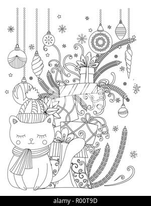 Christmas coloring page for kids and adults. Cute cat with scarf and knitted cap. Pile of holiday presents. Hand drawn vector illustration. Stock Vector