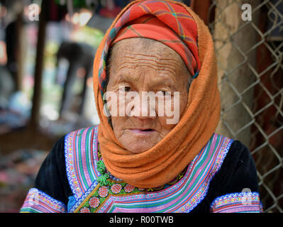 Old Vietnamese Flower H’mong hill-tribe market woman with a lived-in face. Stock Photo