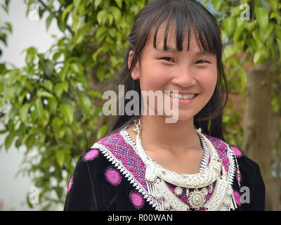 Vietnamese H’mong teenage girl wears her clan’s traditional Sunday Best. Stock Photo