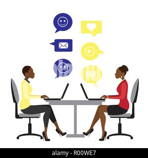 African american Office workers or business woman sitting at the table. Working On laptop ,chatting and teamwork .Isolated on white background. Cartoo Stock Vector