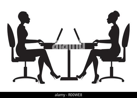 African american Office workers silhouette or business woman sitting at the table. Working On laptop,isolated on white background,cartoon Vector illus Stock Vector