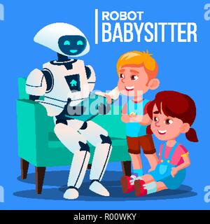Robot Babysitter Reading A Book To Child On The Sofa Vector. Isolated Illustration Stock Vector