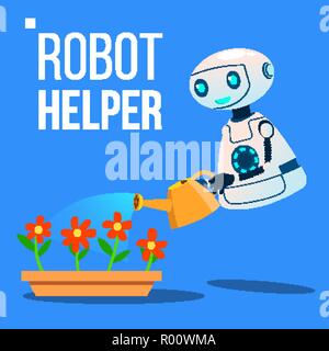 Robot Helper Watering Flowers In The Garden Vector. Isolated Illustration Stock Vector