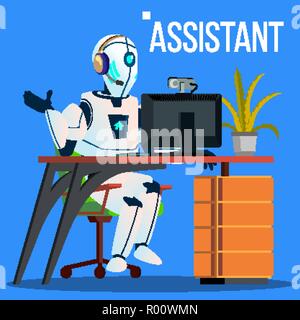 Answerphone, Robot With Headphones Answering The Phone Calls Vector. Isolated Illustration Stock Vector