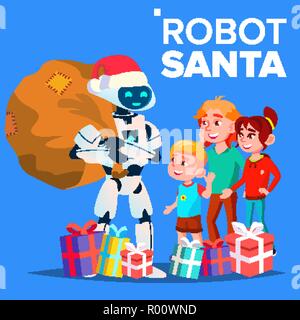 Robot In Santa Claus Hat And Gifts With Children Vector. Isolated Illustration Stock Vector