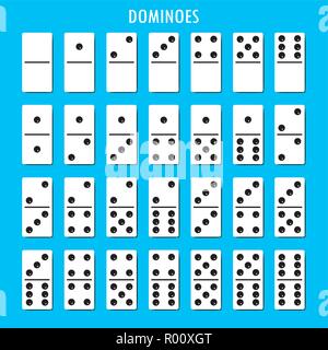 Dominos bones with shadows, set 28 pieces for game, isolated on blue background,flat vector illustration Stock Vector
