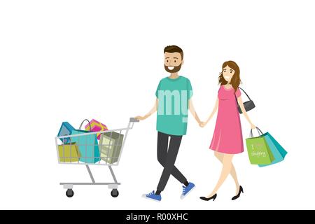 Happy love couple with shopping bags. Big discount in store. Flat design ,cartoon vector illustration Stock Vector