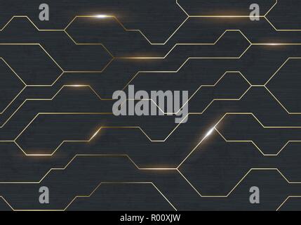 Seamless vector futuristic dark iron techno texture. Golden abstract electron energy line on brushed black metal background. Power vein light tech Stock Vector