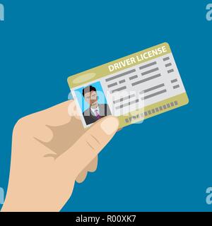 Hand holding driver license with male photo,isolated on blue background,cartoon vector illustration Stock Vector