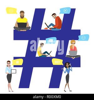 Hashtag illustration of young people using laptop and smartphone for sending posts and sharing them in social media. Big hashtag symbol design with gu Stock Vector
